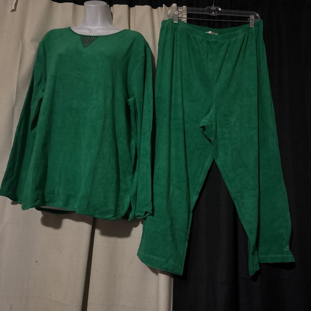 Quacker Factory Size XL Velour Top & Pants Set Leisure 2pc Green Outfit New